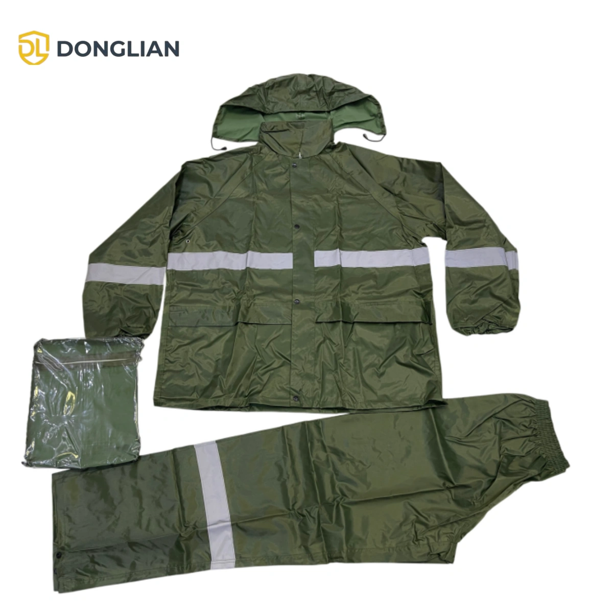 DL3001 200D Oxford rain suit with concealed hood deployed