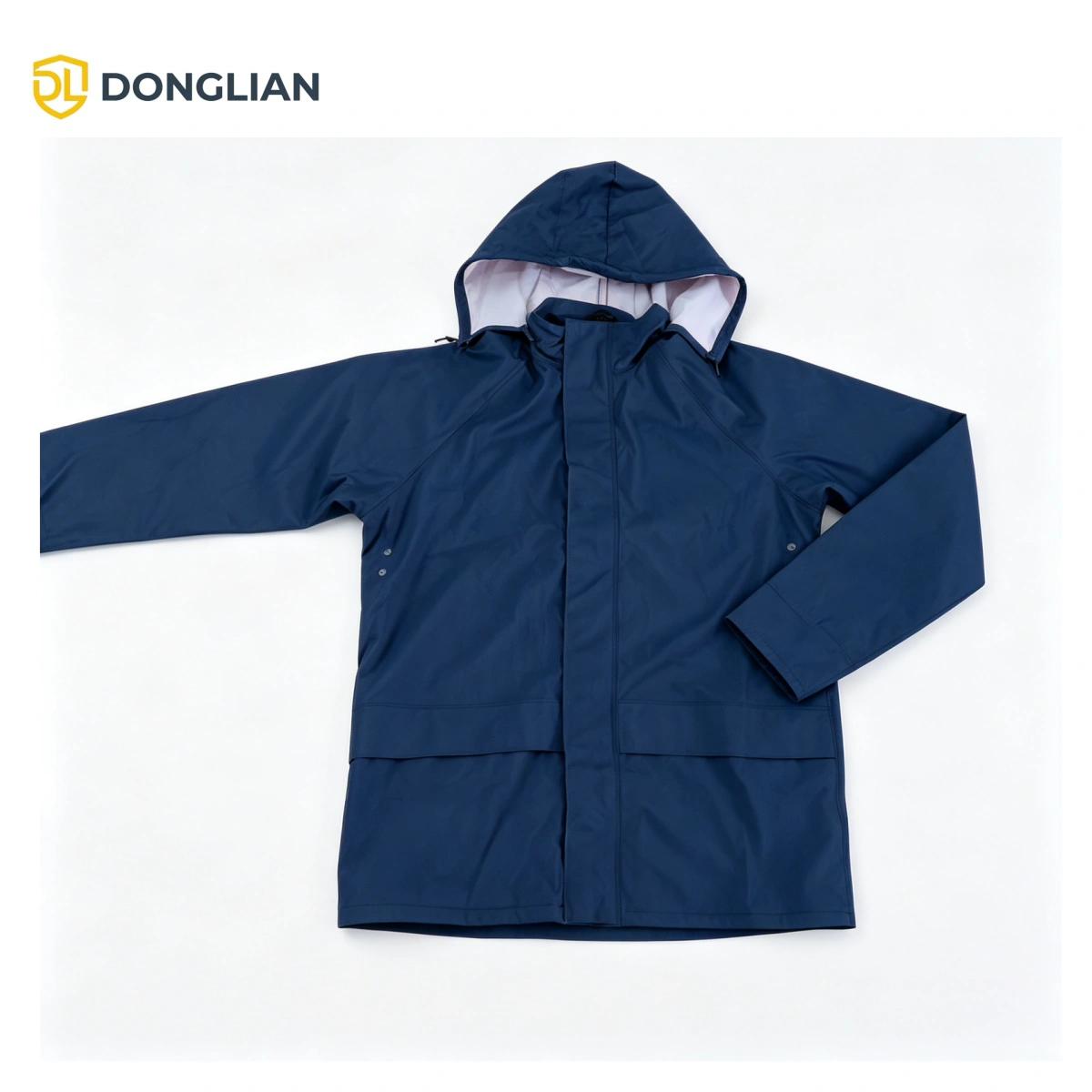 DL1009 navy blue PU/PVC rain jacket with concealed hood design