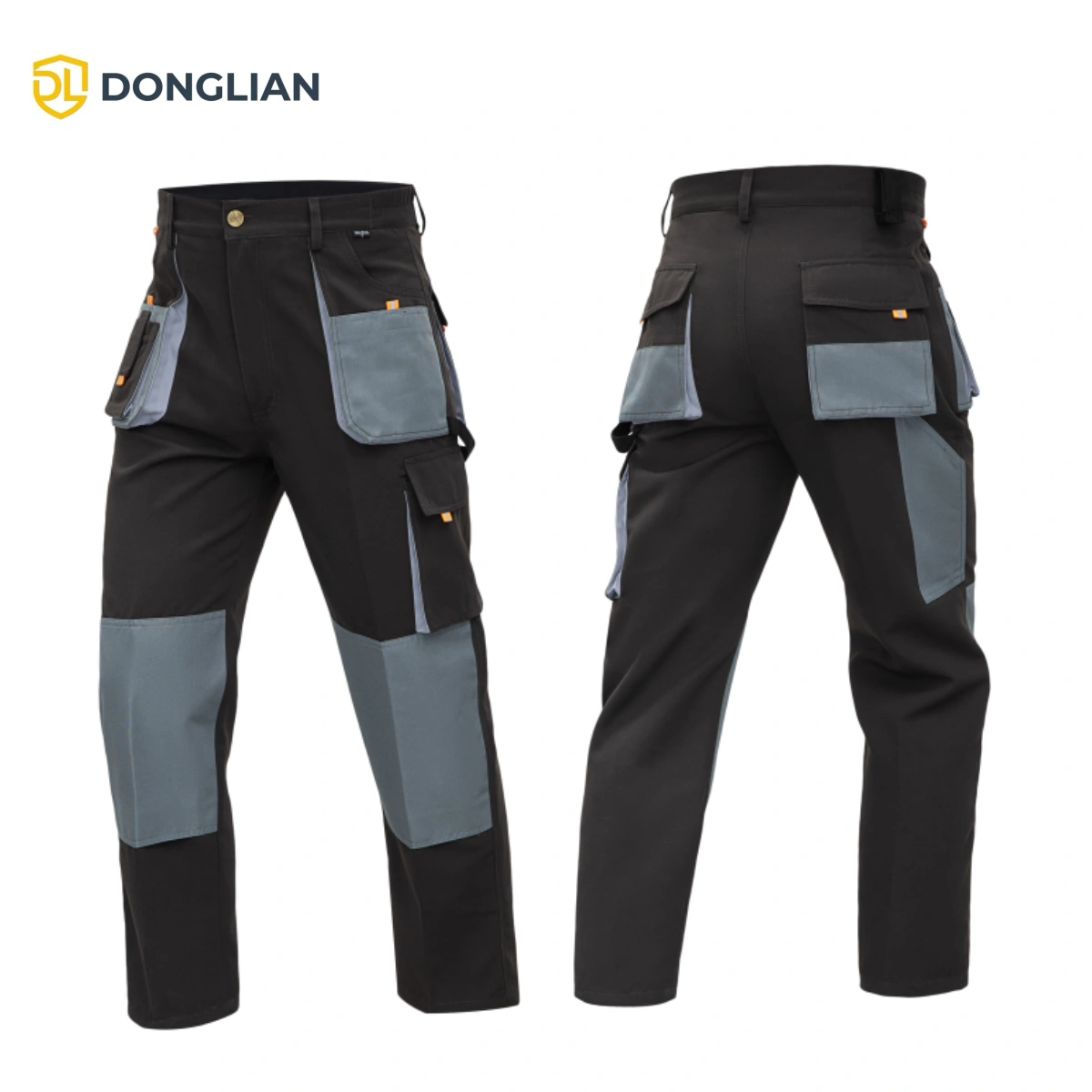 Black industrial cargo work pants with functional pockets front and back view