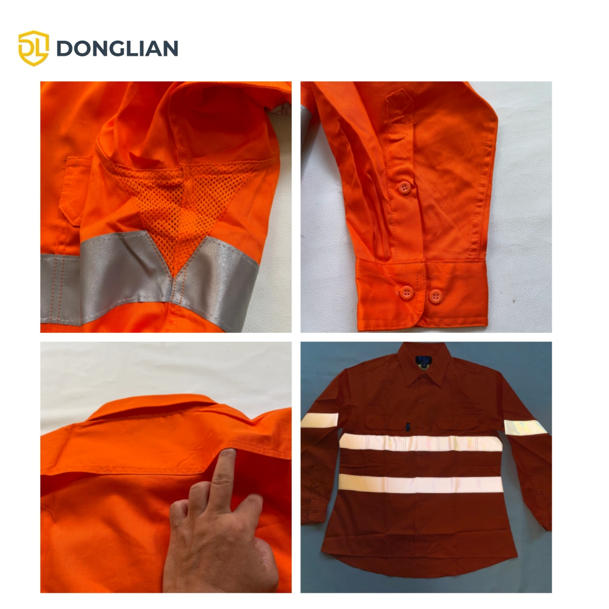 DL1460 close-up detail of underarm and back mesh ventilation panels on hi-vis cotton work shirt