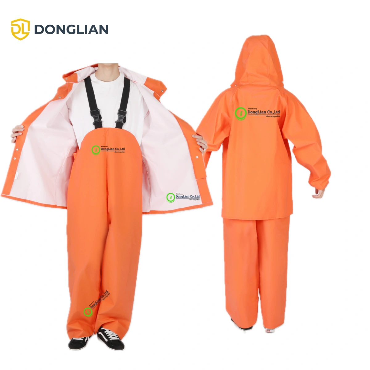 DL1192 fishing rainwear interior construction and bib overalls