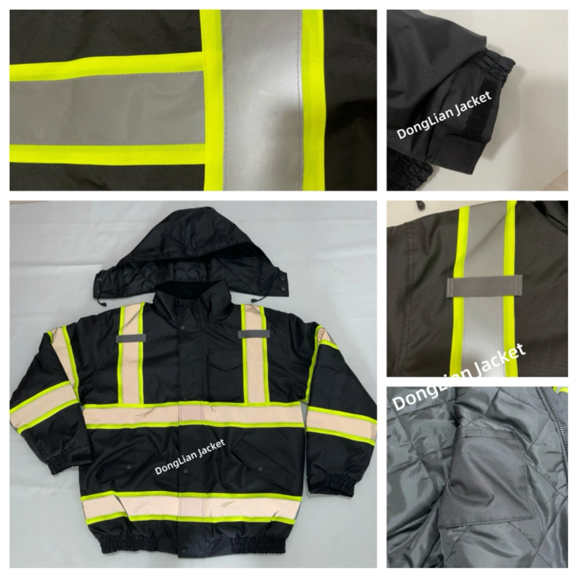 DL1437 black winter bomber jacket details with detachable hood padded lining and reflective tape