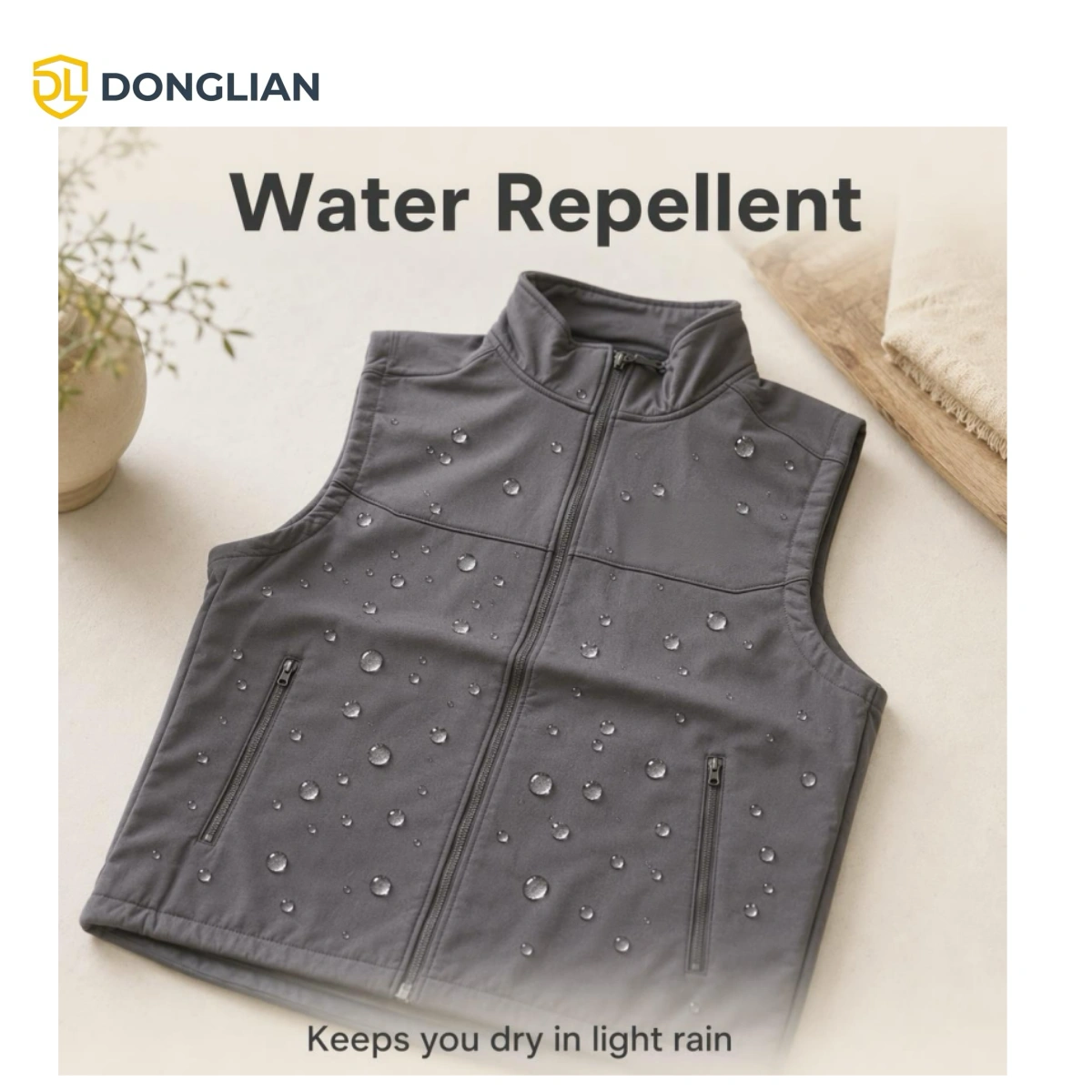 Close-up of DL1470 softshell work vest showing water repellent outer pongee fabric