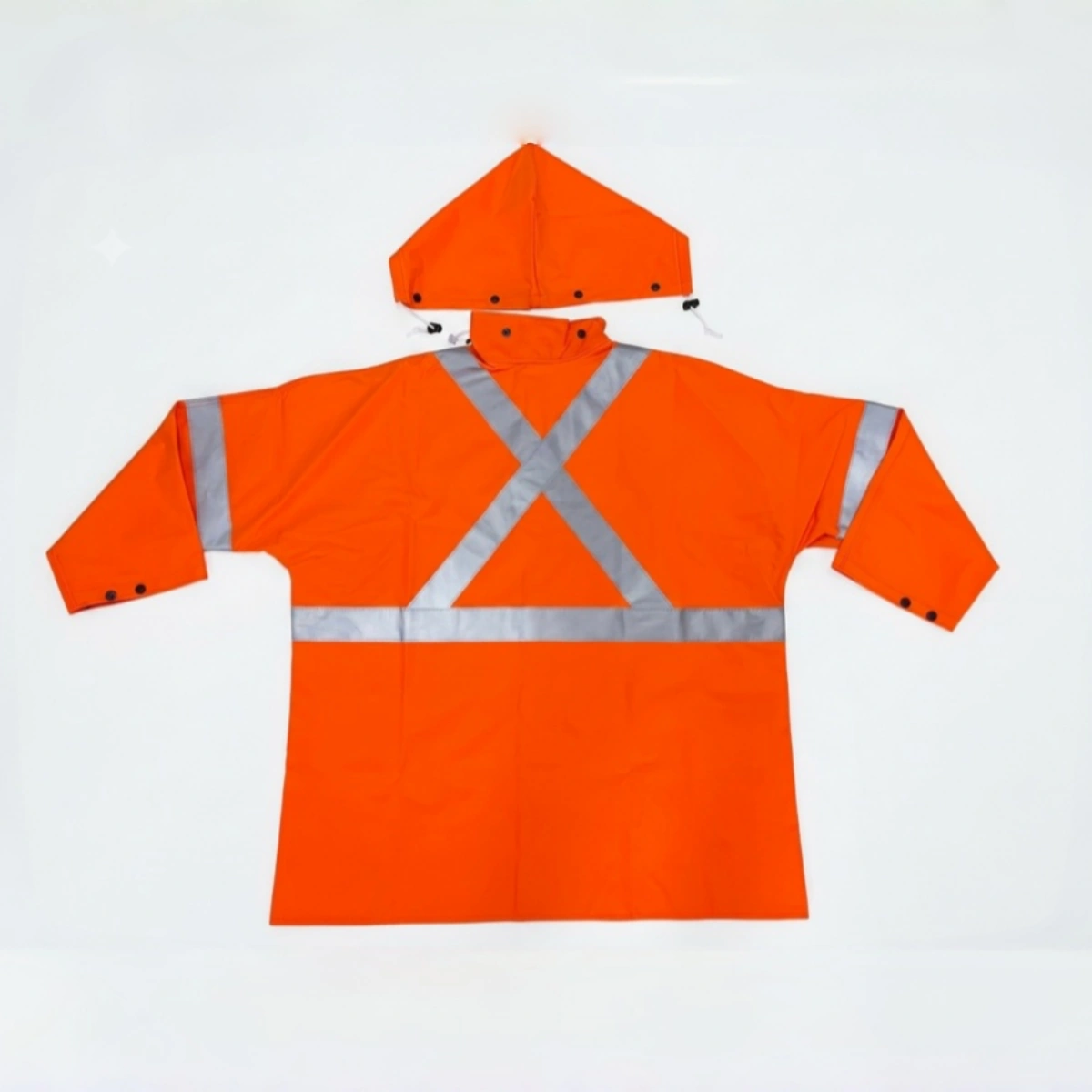 DL1492FR industrial orange PVC rain jacket back view with cross reflective tape