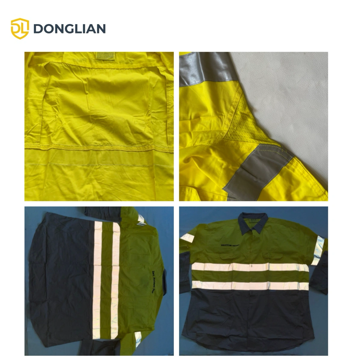 Close-up detail of reflective tape and yellow grey fabric panels on DL1660 work shirt
