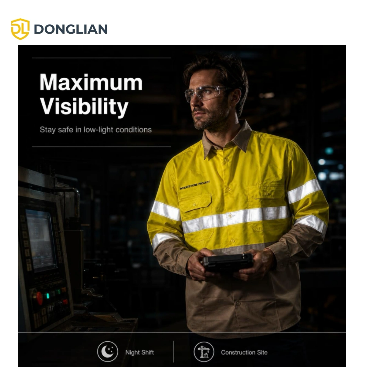 DL1660 yellow grey hi vis work shirt showing reflective tape visibility in low light conditions