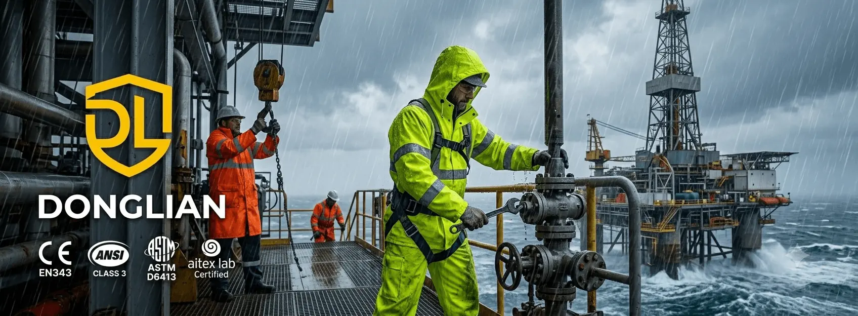 Flame retardant hi-vis rain gear certified to ANSI Class 3, ASTM D6413 and EN 343