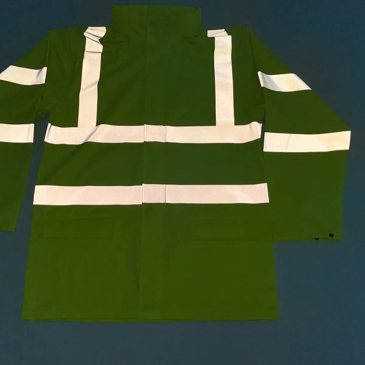 FR rain jacket reflective tape effect in low-light conditions
