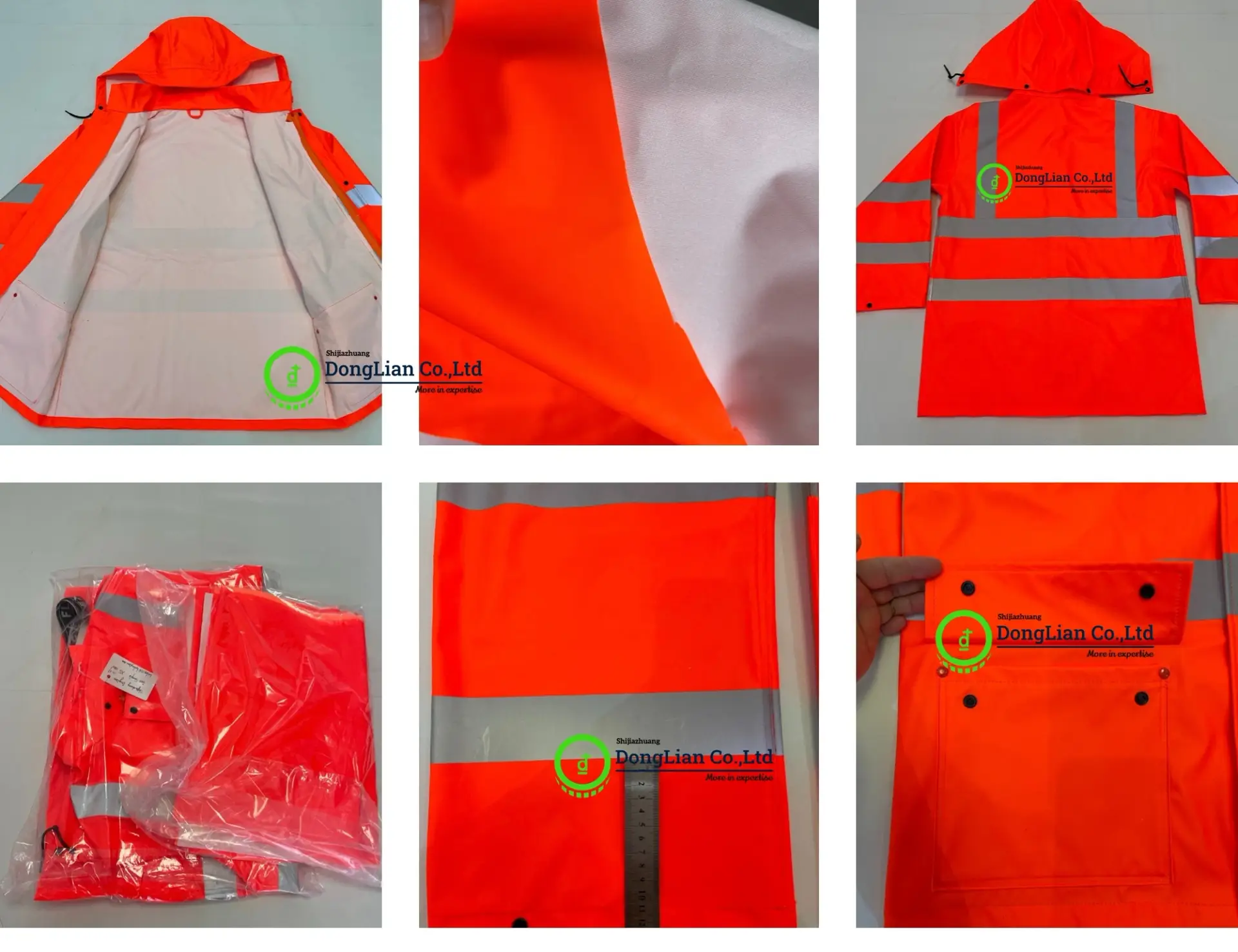 Heavy-duty FR rain suit detail — waterproof fabric, seam construction, hood and pockets