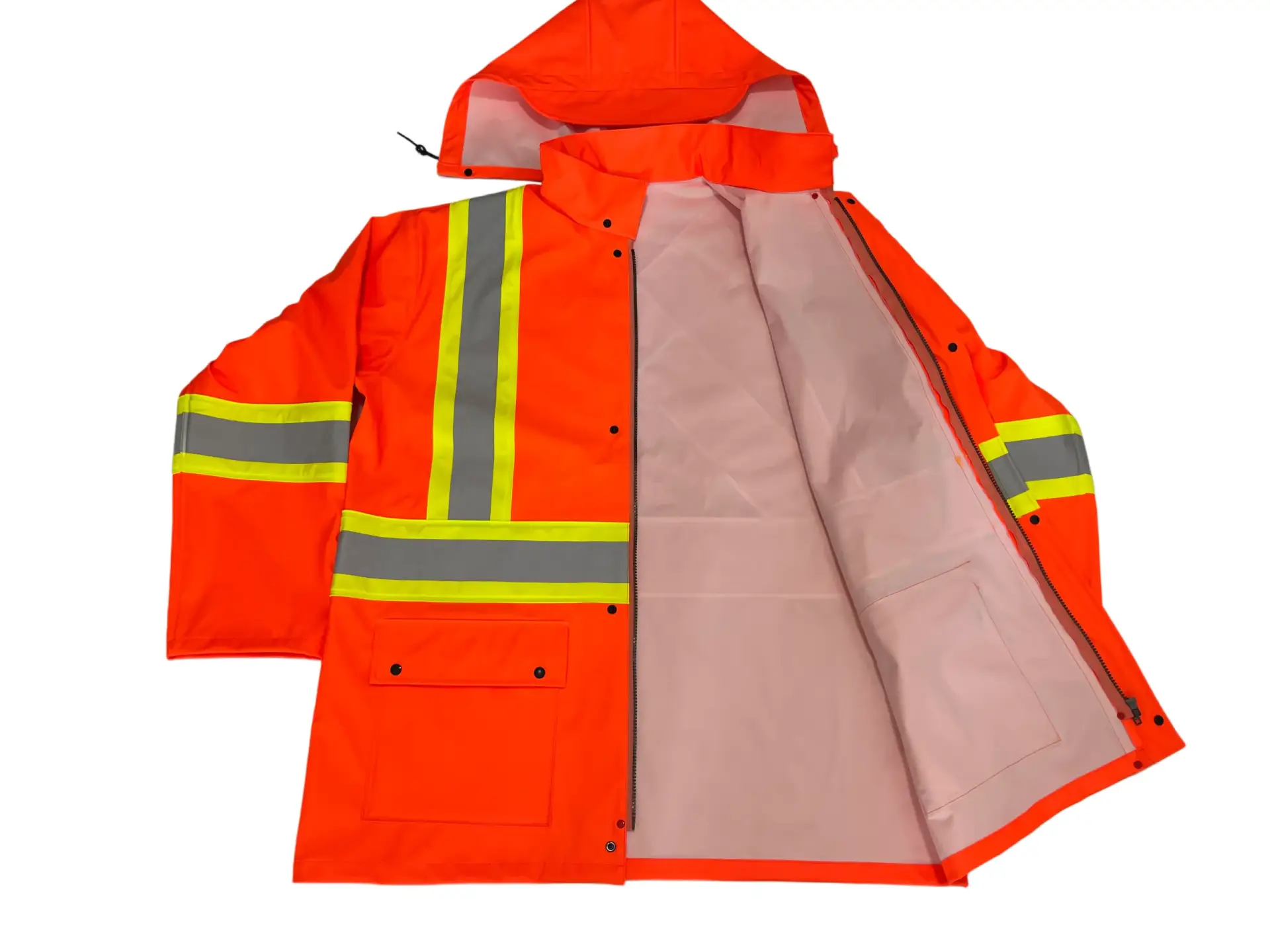 FR rain jacket detail — welded seams, reflective tape and oil-resistant PU fabric