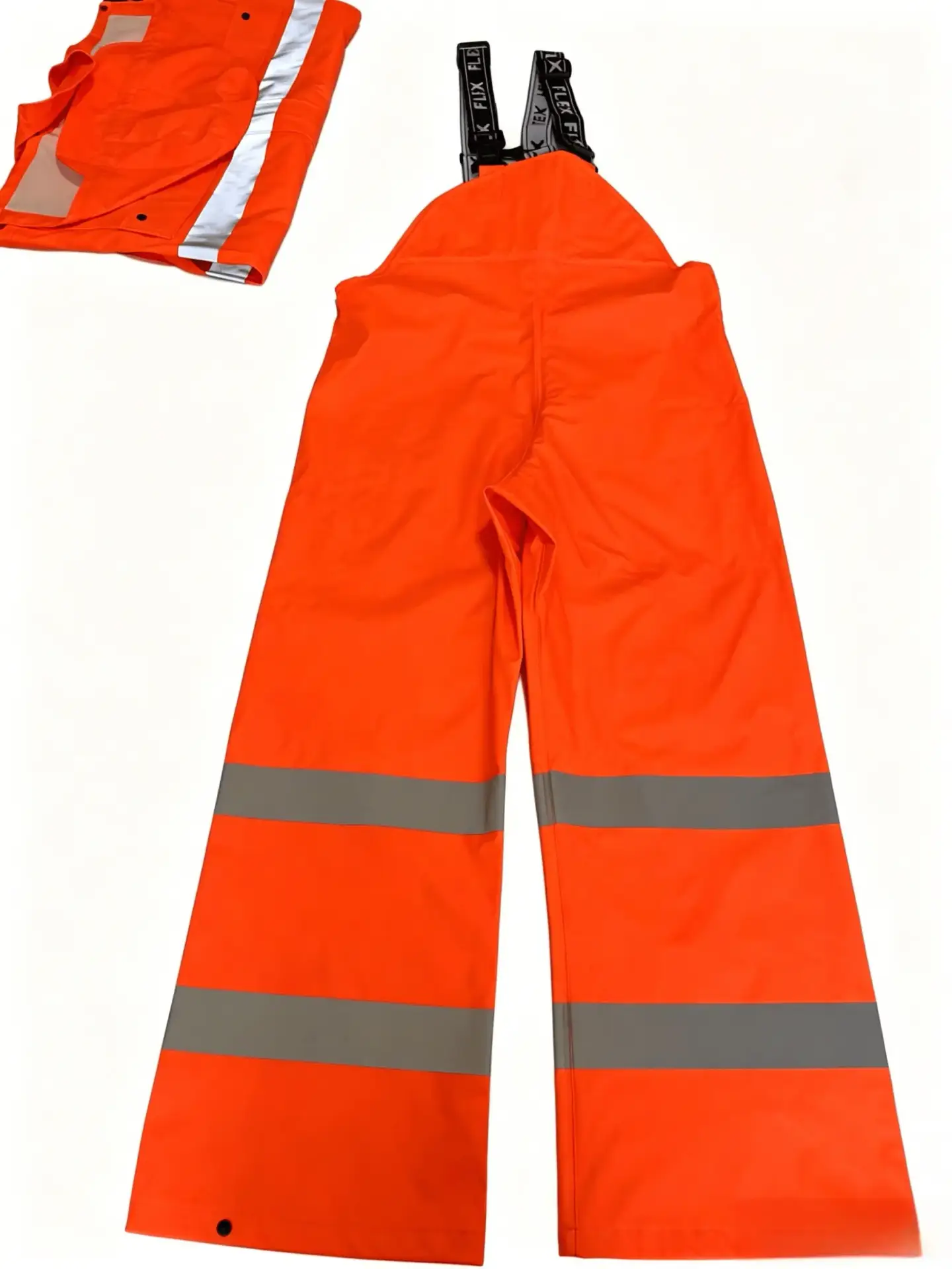 DL1152FR-B EN ISO 14116 certified hi-vis FR waterproof bib trousers in fluorescent orange — front view with elastic suspenders
