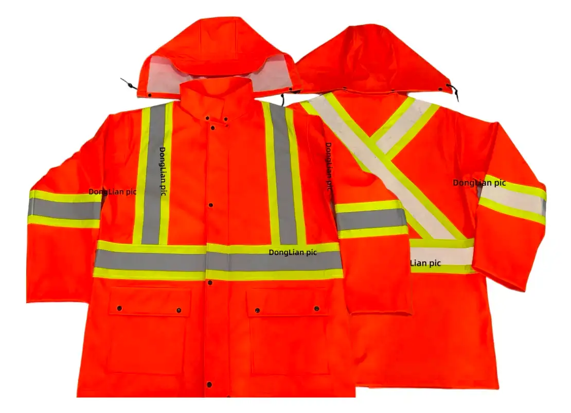 DL1152 OEM hi-vis flame resistant PU stretch waterproof rain jacket in fluorescent orange — ASTM D6413 tested, ANSI Class 3 design