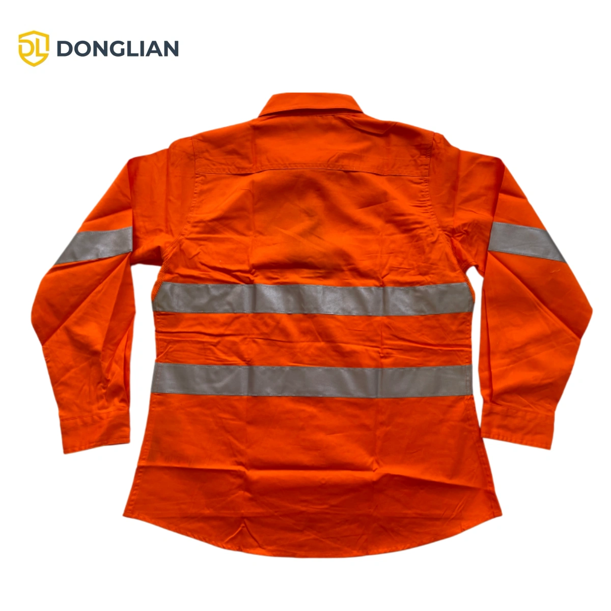 DL1460 hi-vis orange cotton work shirt back view with breathable mesh ventilation panel