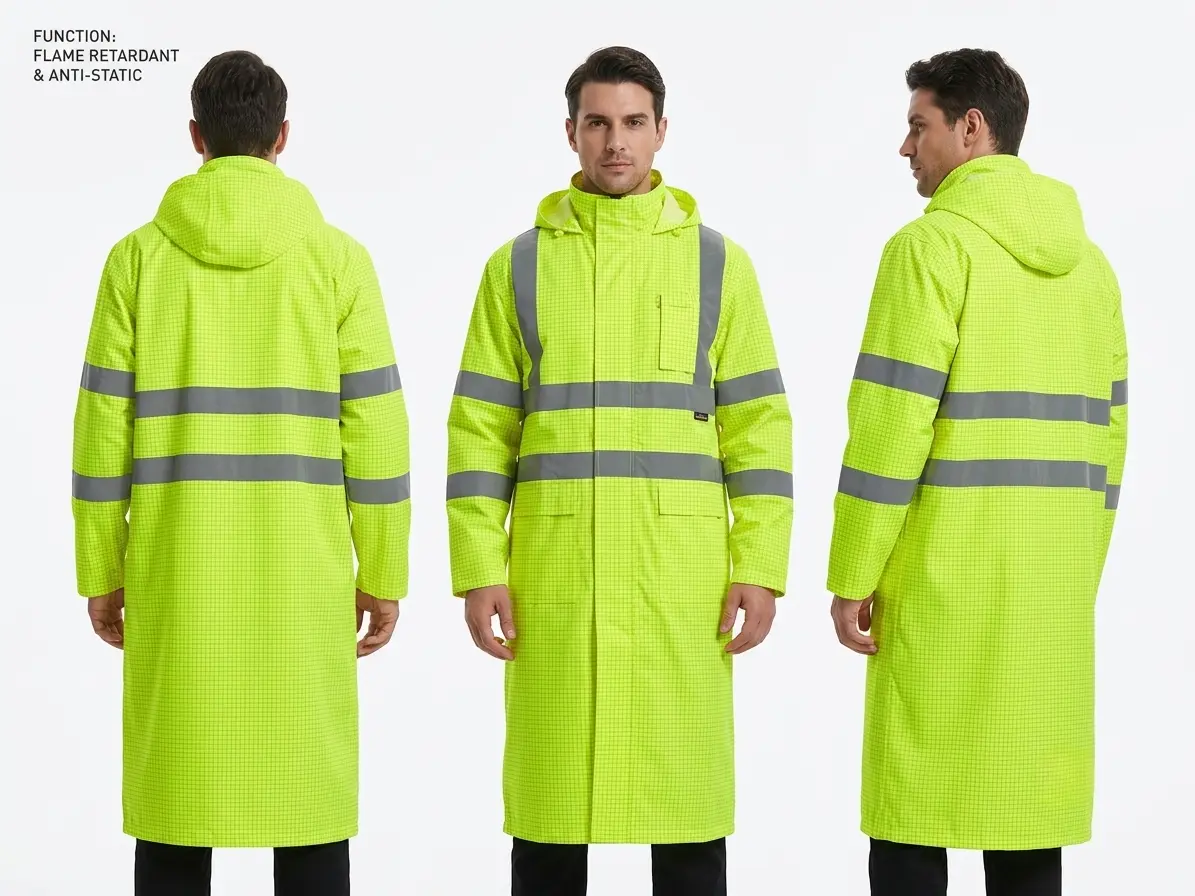 Hi-vis FR anti-static rain coat — front, side and back views