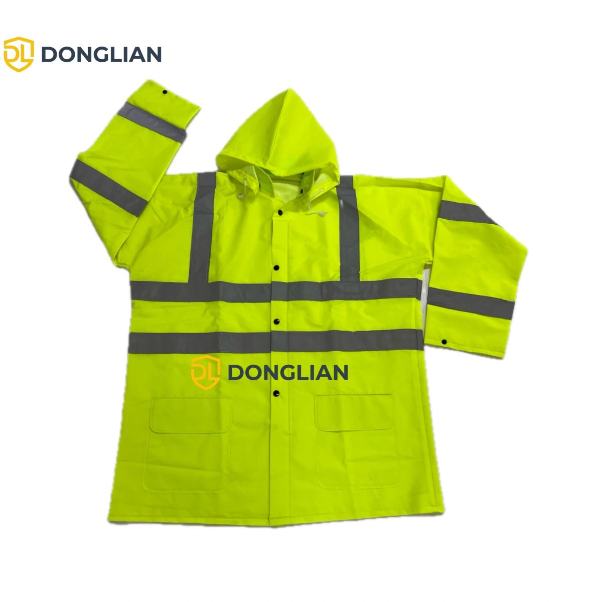 High-visibility yellow rain jacket with reflective tape