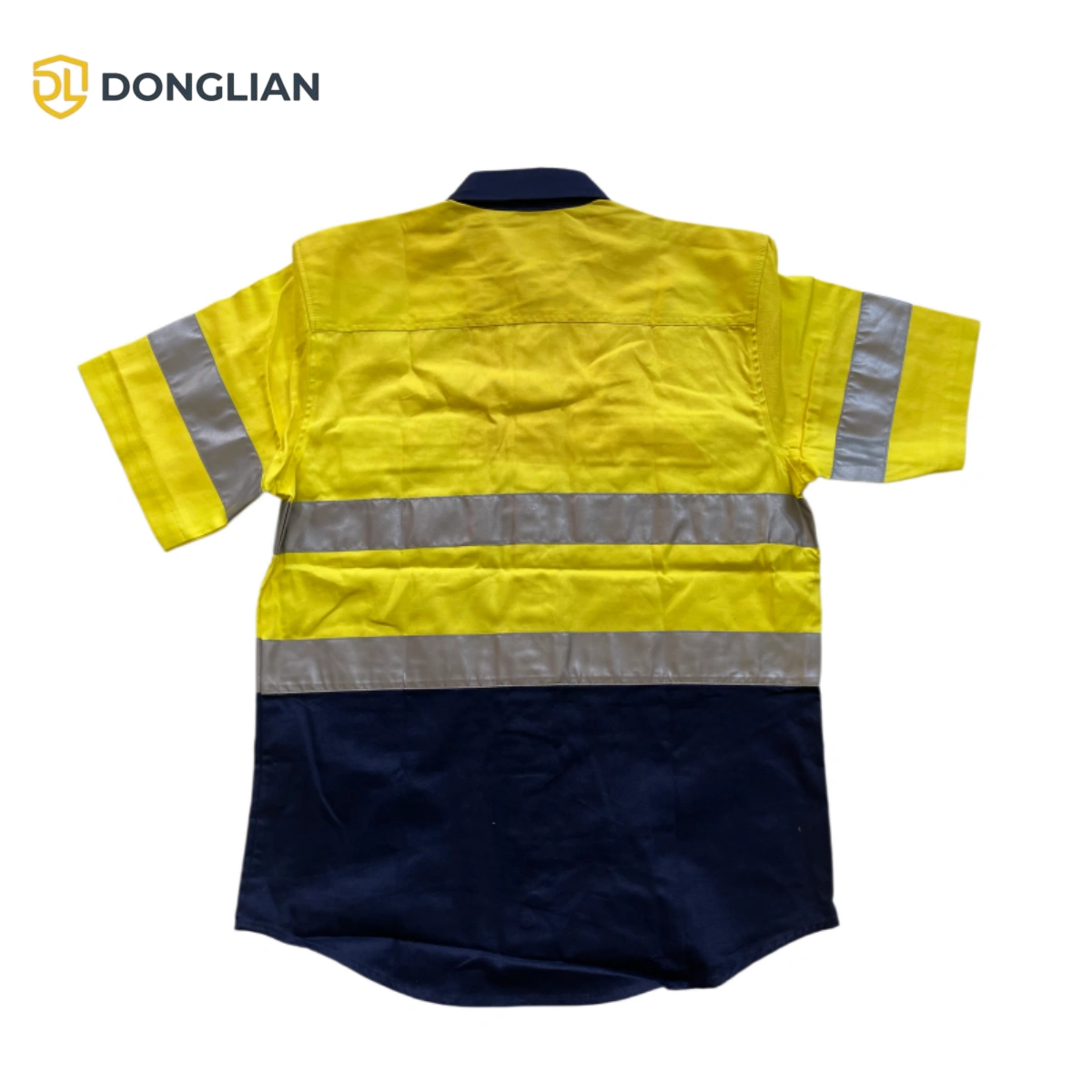 DL1560 hi-vis yellow short sleeve work shirt back view with reflective tape and breathable mesh ventilation panel