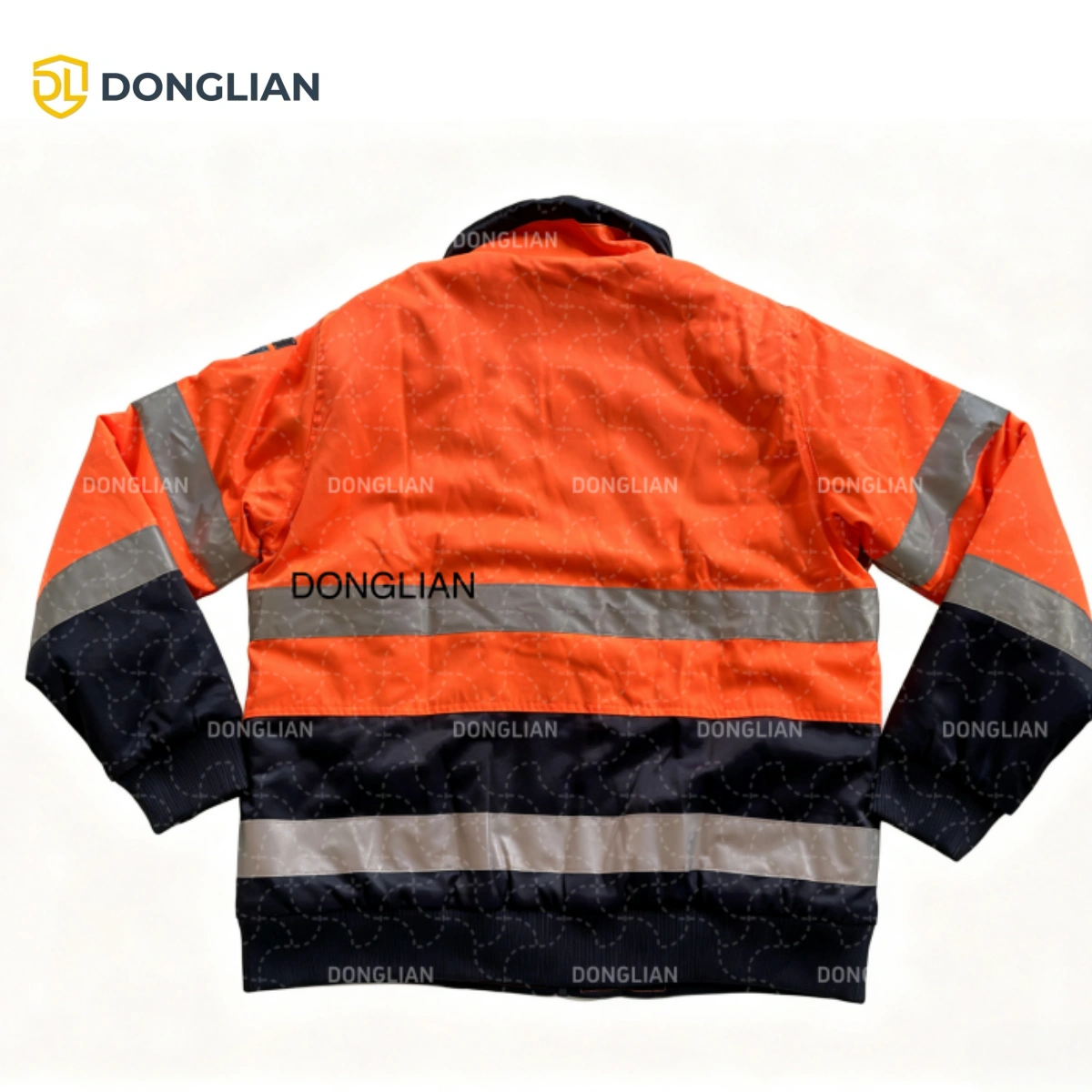 Back view of DL3004 safety jacket showing horizontal reflective bands and large area for corporate logo embroidery
