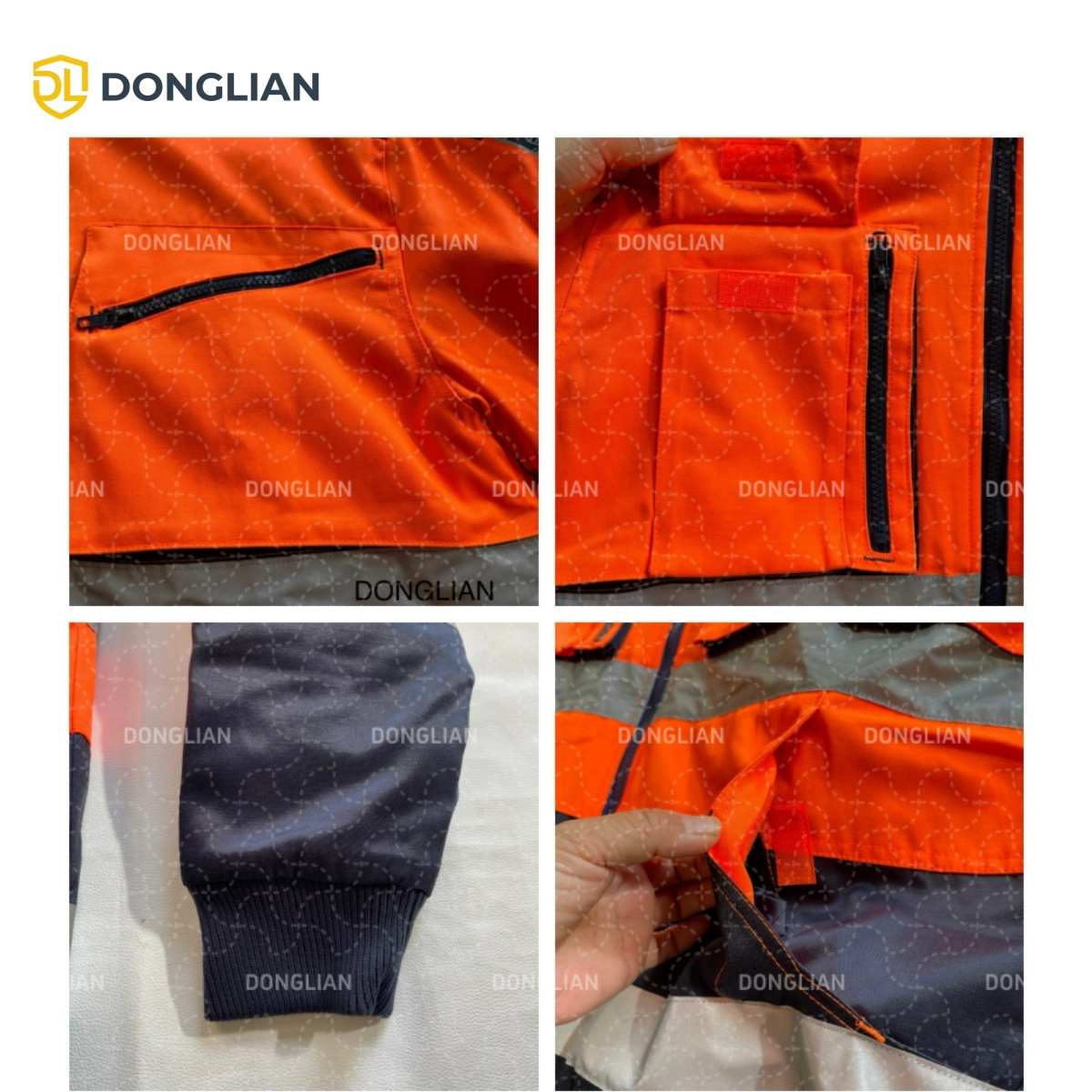Close-up details of DL3004 jacket including secure zipper pockets, windproof ribbed cuffs, and warm quilted padding