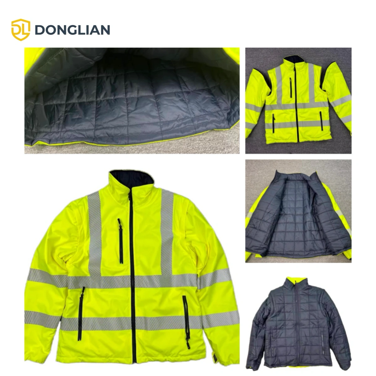 DL3003 reversible winter jacket details with quilted padding reflective tape and zipper pockets