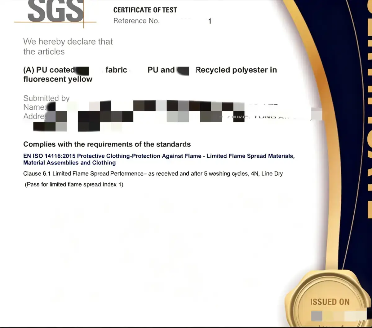 SGS Certificate of Test showing EN ISO 14116:2015 compliance for PU coated knitted fabric in fluorescent yellow