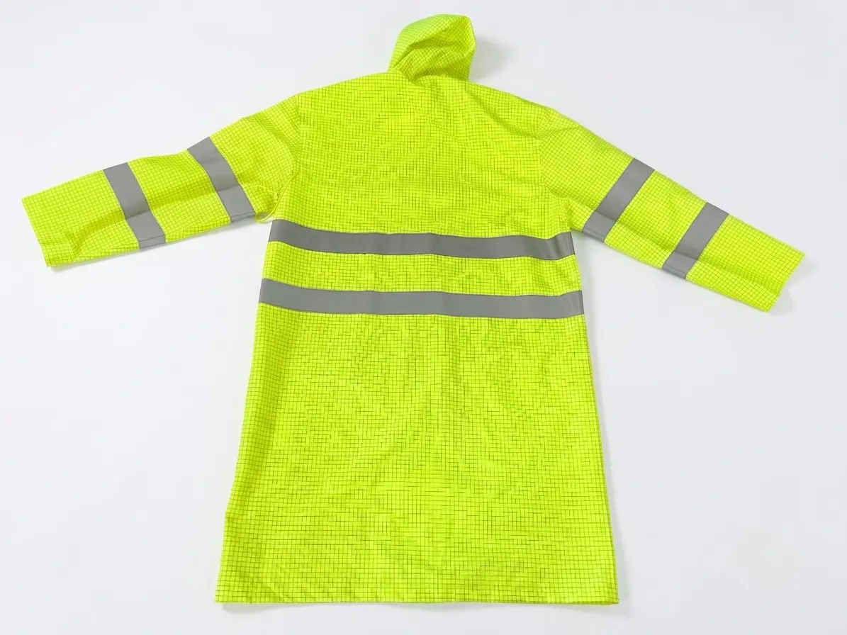 Waterproof FR long rain coat back view — sealed seams and reflective tape