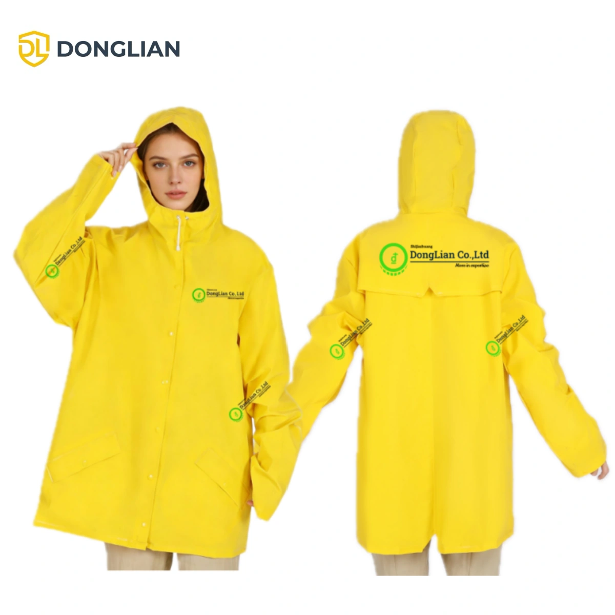 Women's yellow PU waterproof rain jacket front and back view
