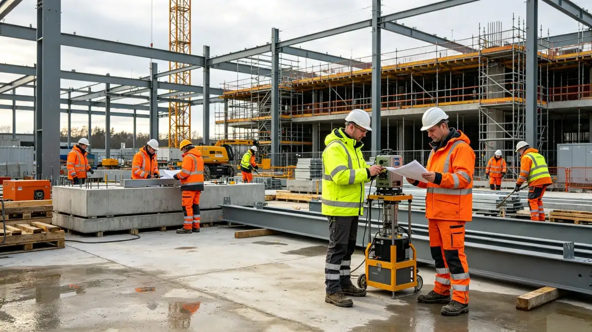 Construction workers in hi-vis safety workwear reviewing blueprints and operating surveying equipment at a commercial building site