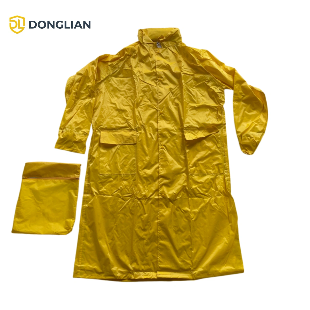 DL1055 yellow nylon raincoat front flat lay with two pockets