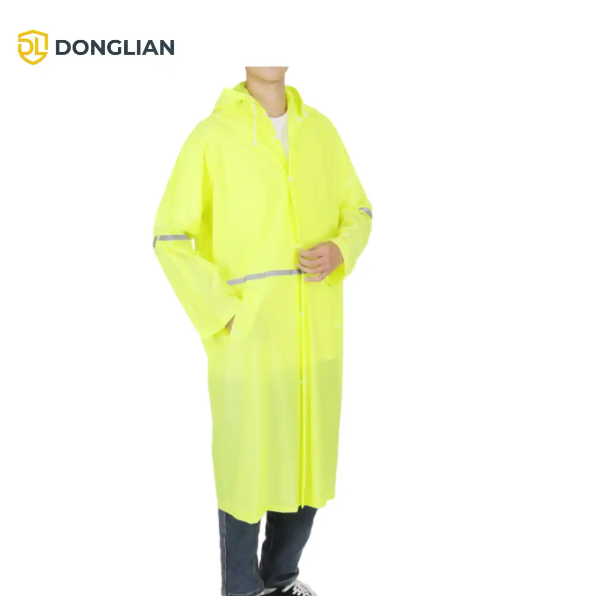 DL1130 reflective PVC raincoat front view with snap closure