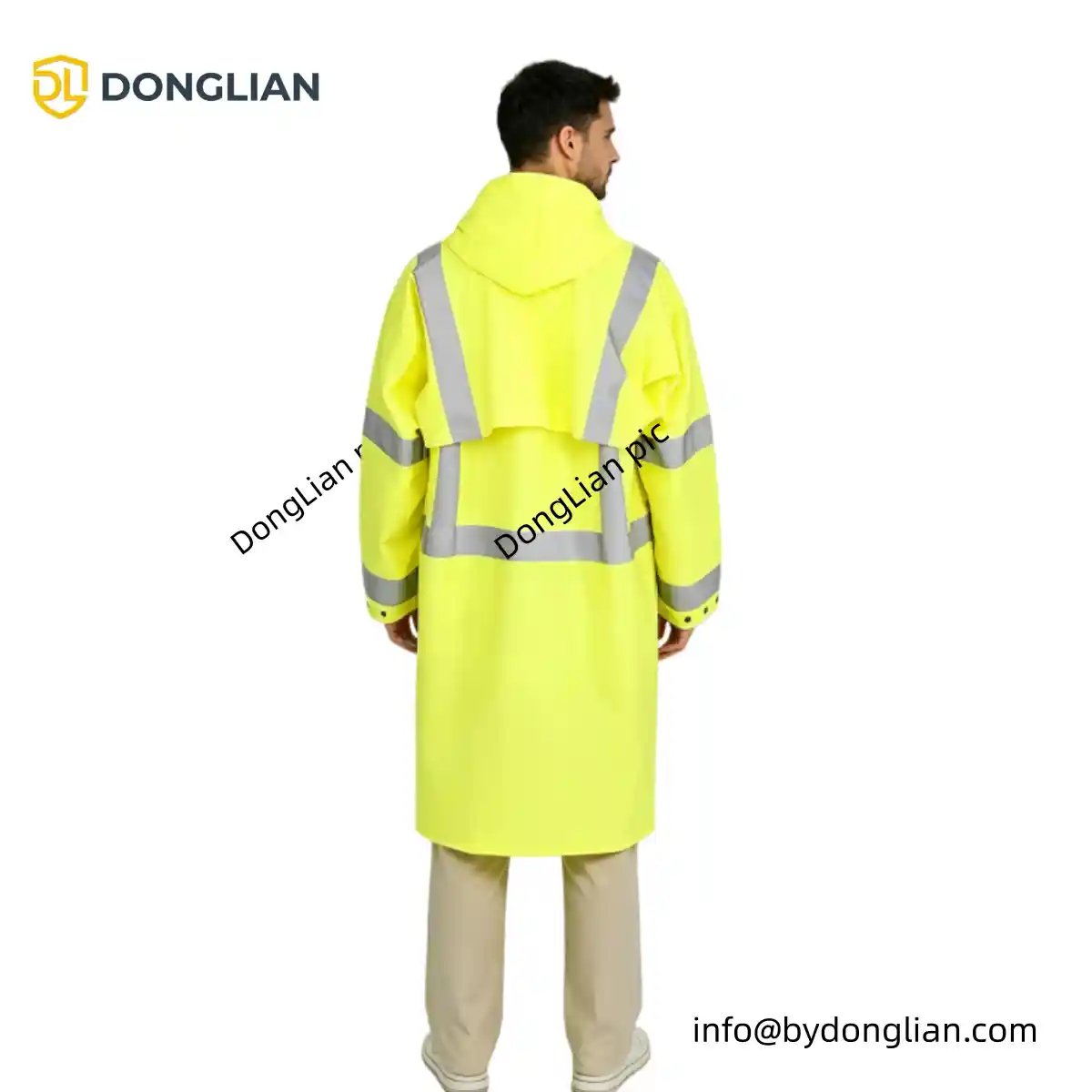 DL1147 hi vis yellow long raincoat back view with reflective tape