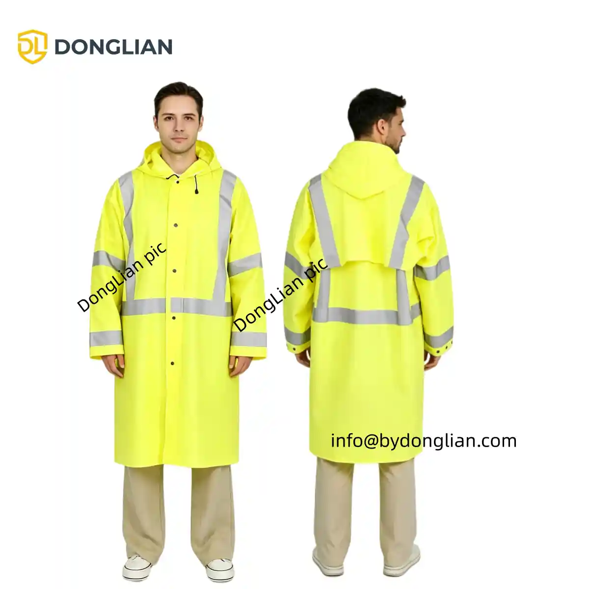 DL1147 hi vis yellow long raincoat with reflective tape for workwear distribution