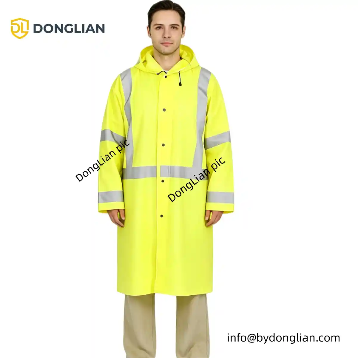 DL1147 hi vis yellow long raincoat front view with reflective tape