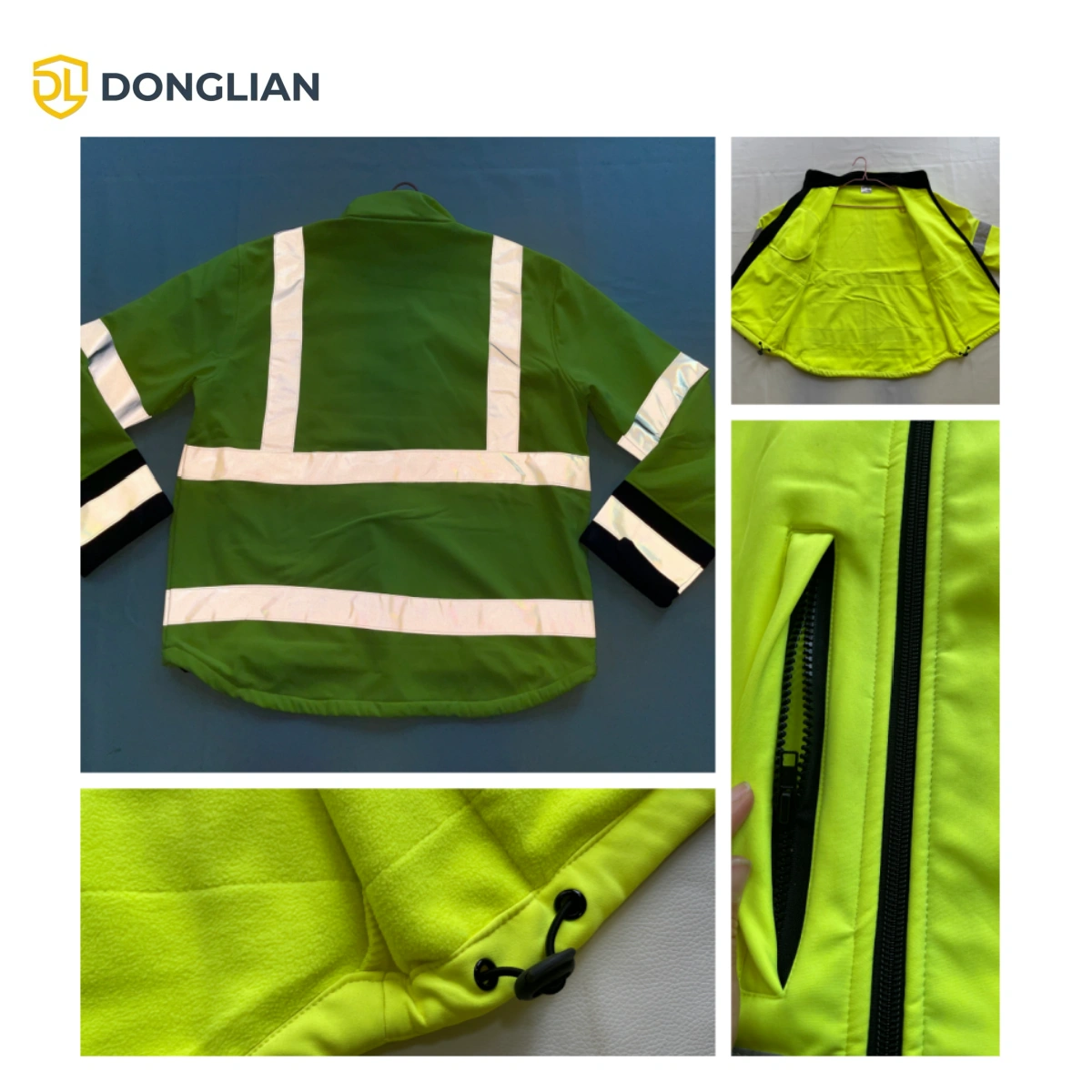 DL1430 three-layer bonded softshell fabric and reflective tape detail for OEM evaluation