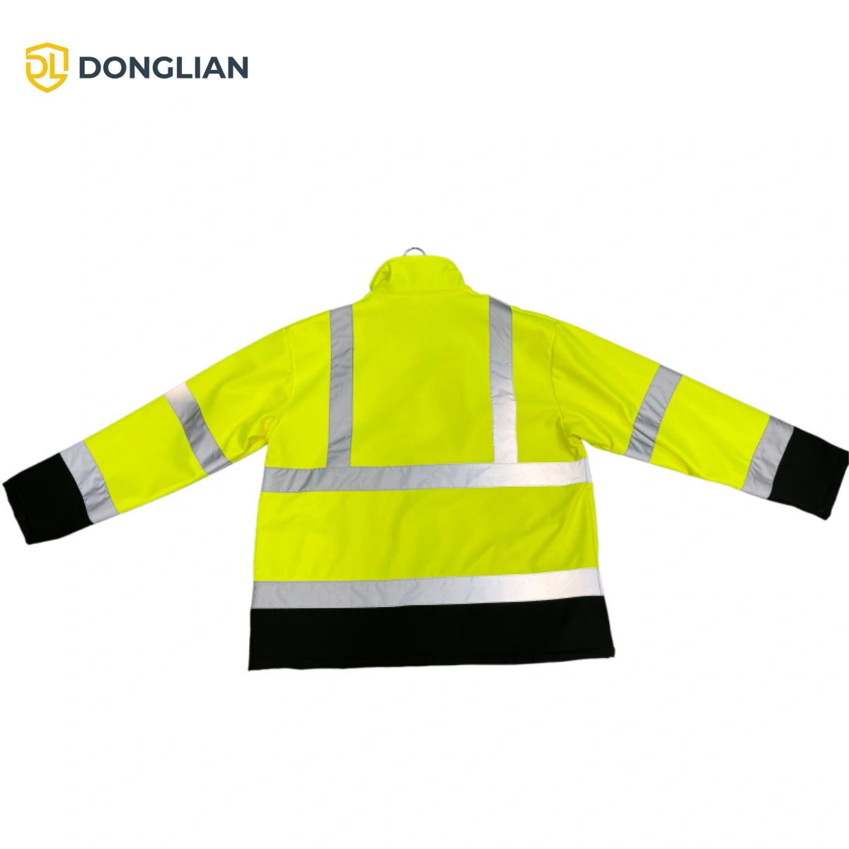 DL1431 Class 3 hi vis softshell jacket back view with double torso reflective tapes and shoulder bands