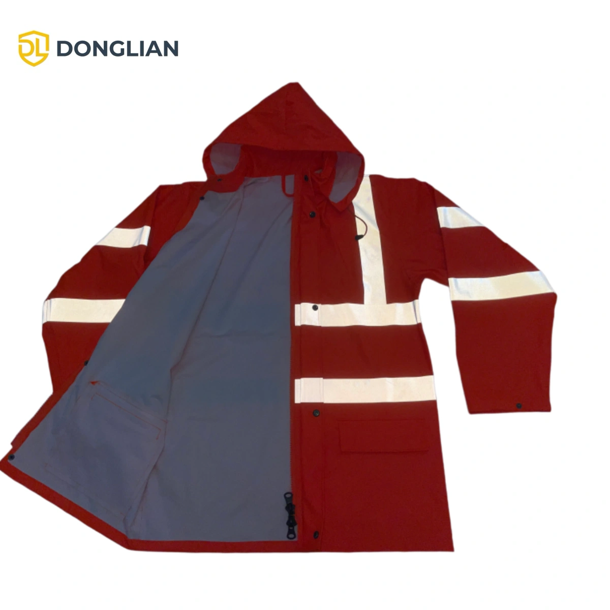 DL3028 hi vis PU rain jacket showing reflective tapes and front zipper detail