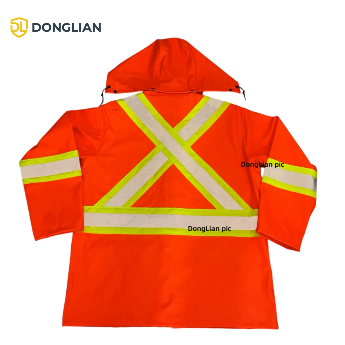 Hi vis orange waterproof rain jacket with reflective tape on back and sleeves