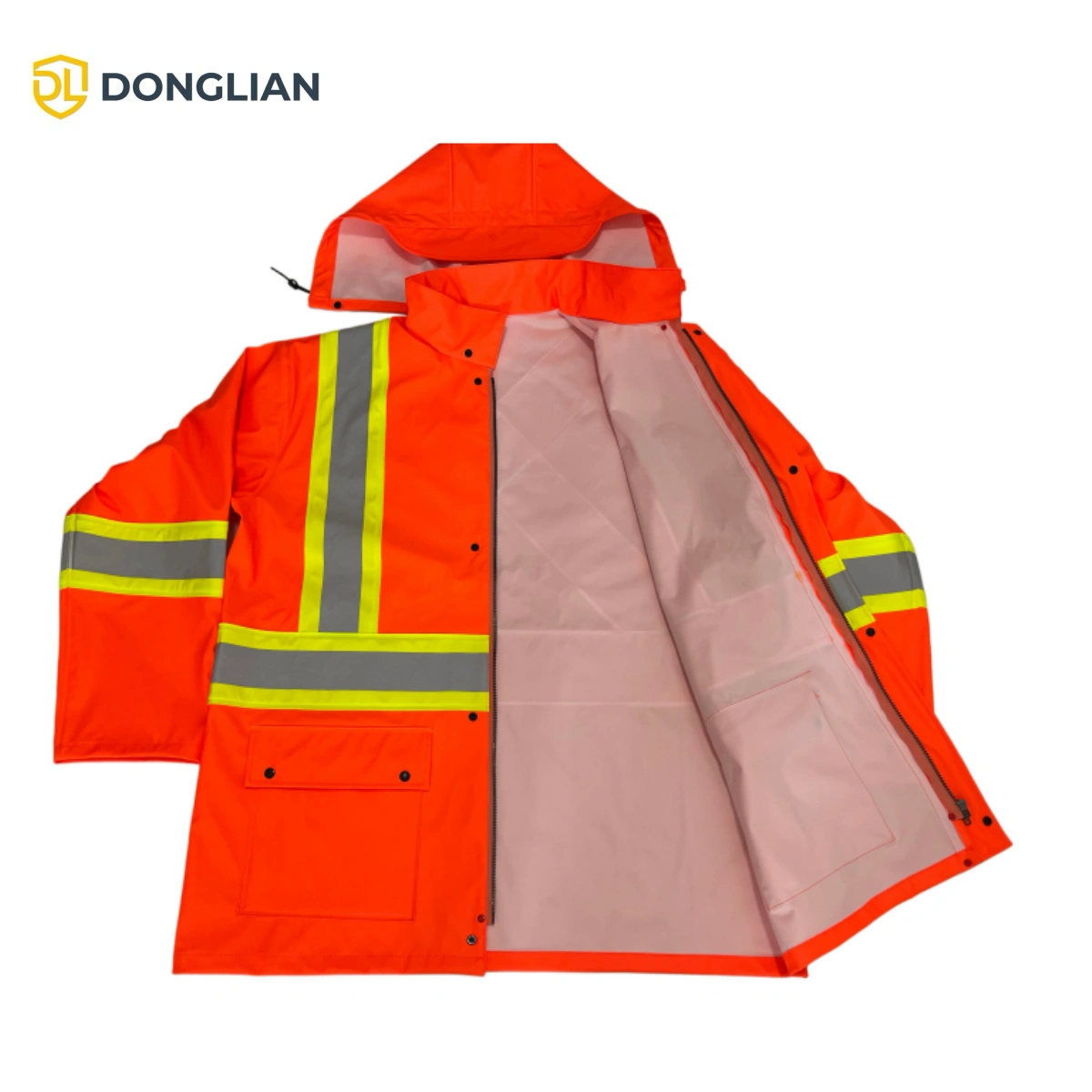 Hi vis PU rain jacket with detachable hood reflective tape pockets and snap storm placket