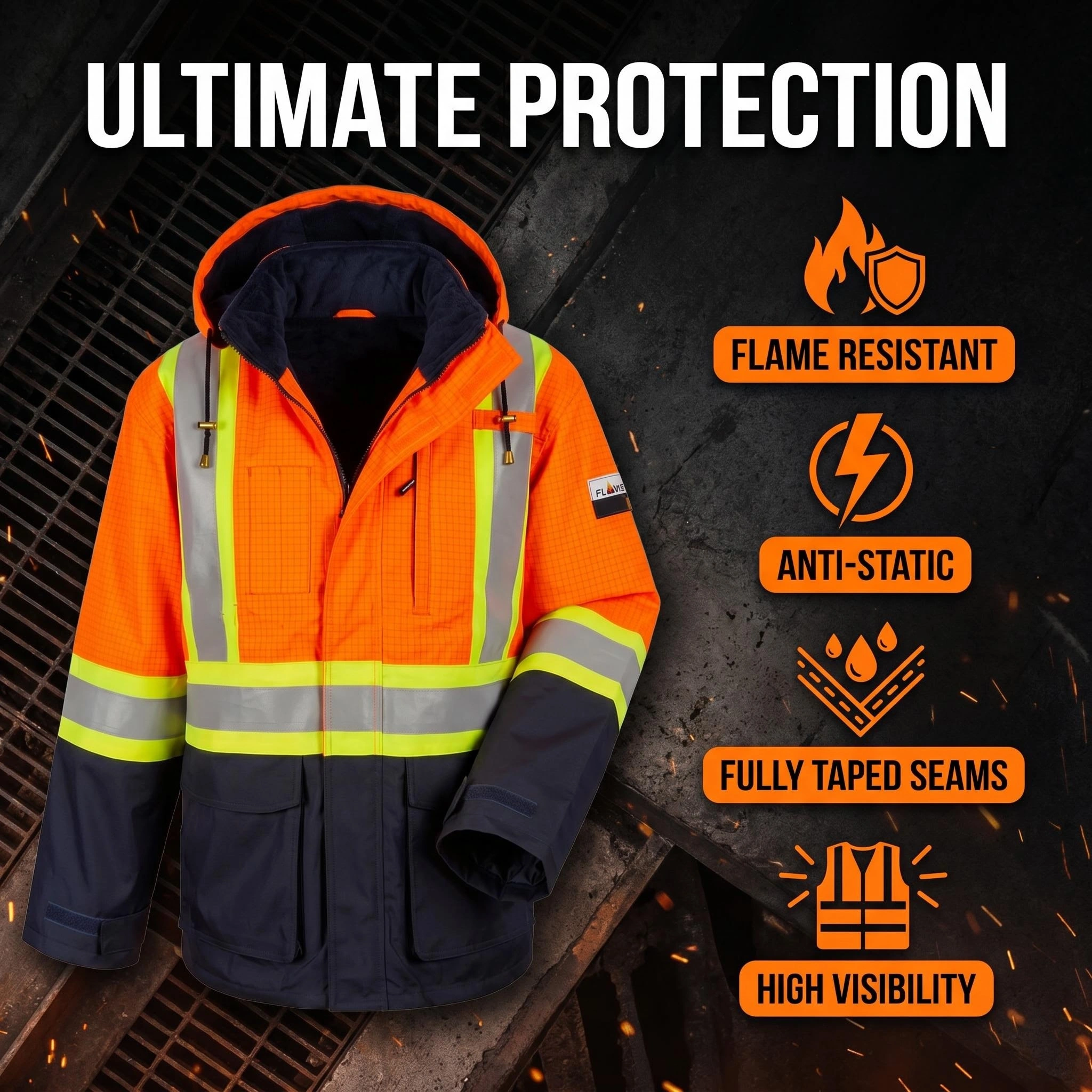 DL3034 FR antistatic work jacket with 300D Oxford PU-coated fabric and 10 cm reflective tape