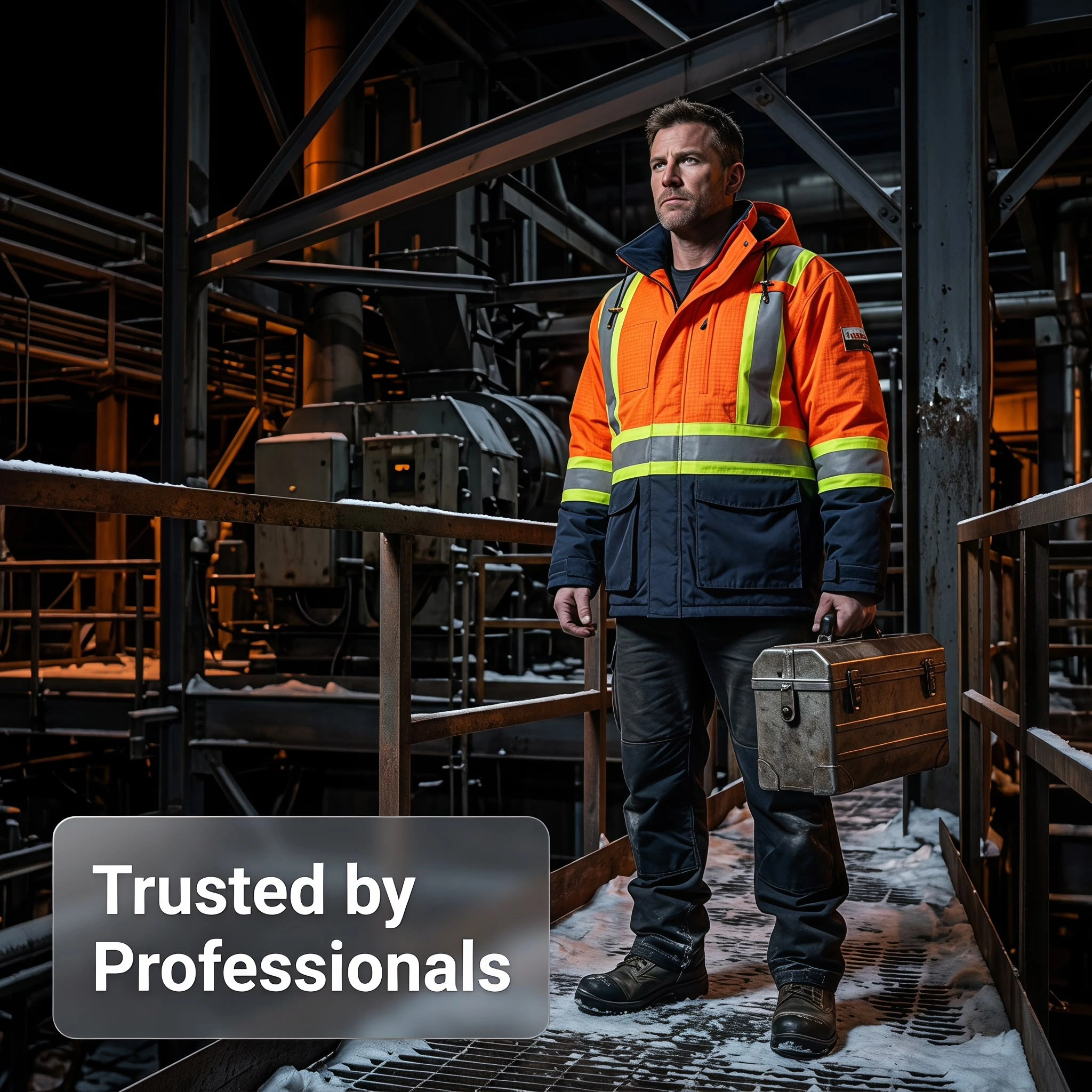 Industrial worker wearing DL3034 FR winter work jacket in cold and wet outdoor conditions