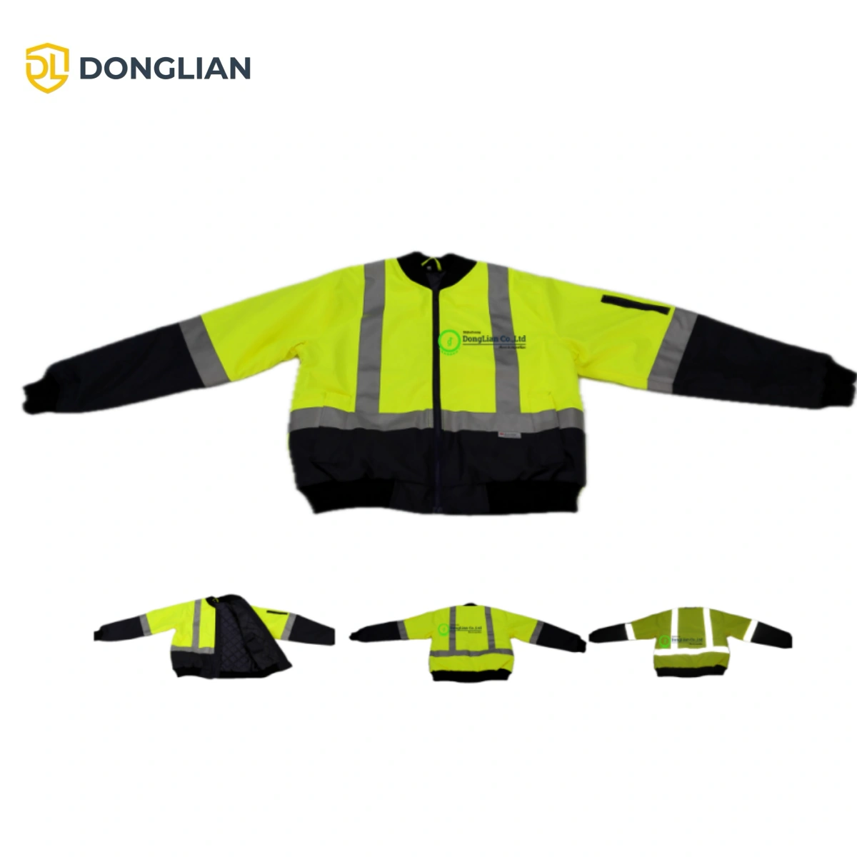 DL3016 hi-vis bomber jacket manufacturing details with diamond quilted thermal lining