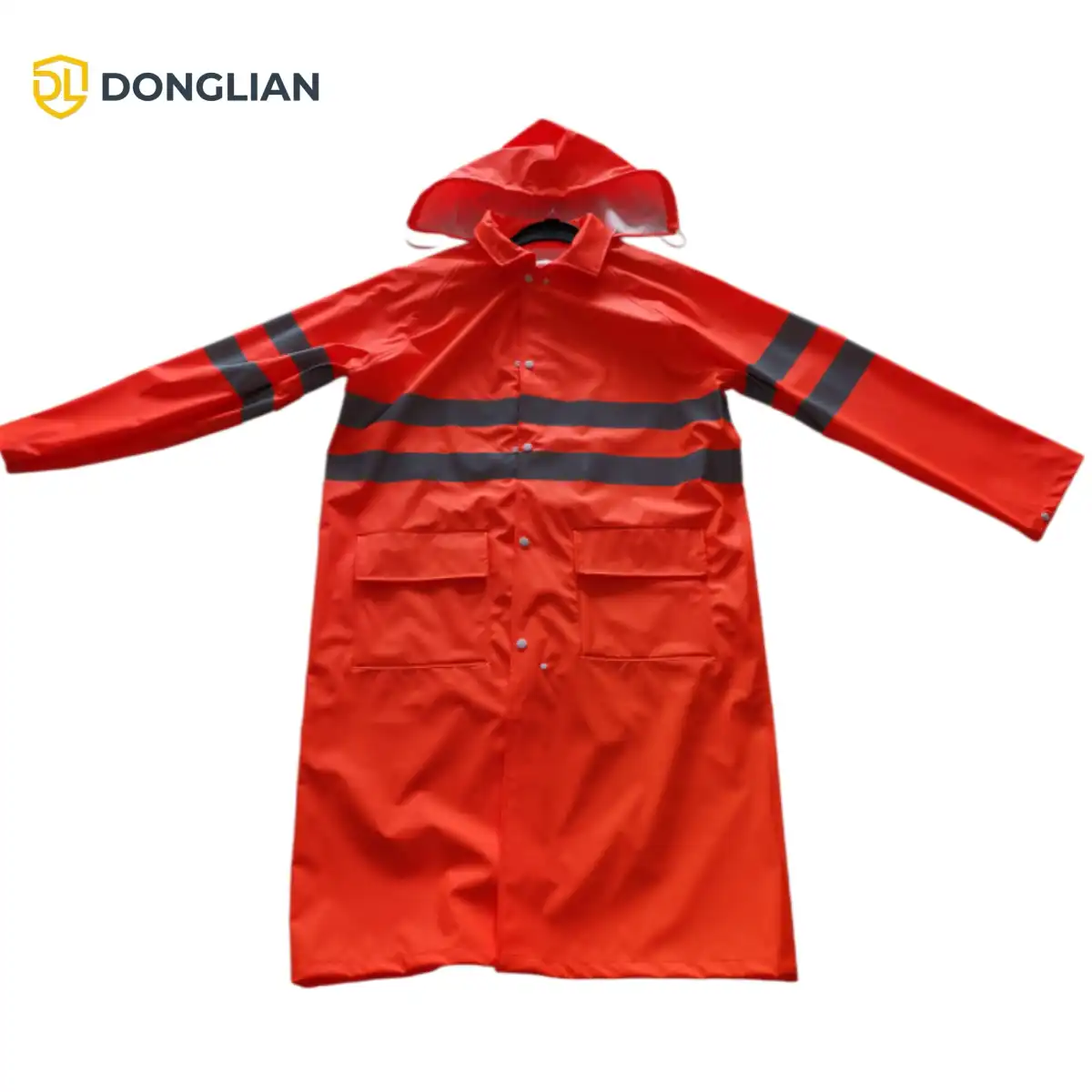 DL1007 hi-vis orange long PU raincoat flat lay