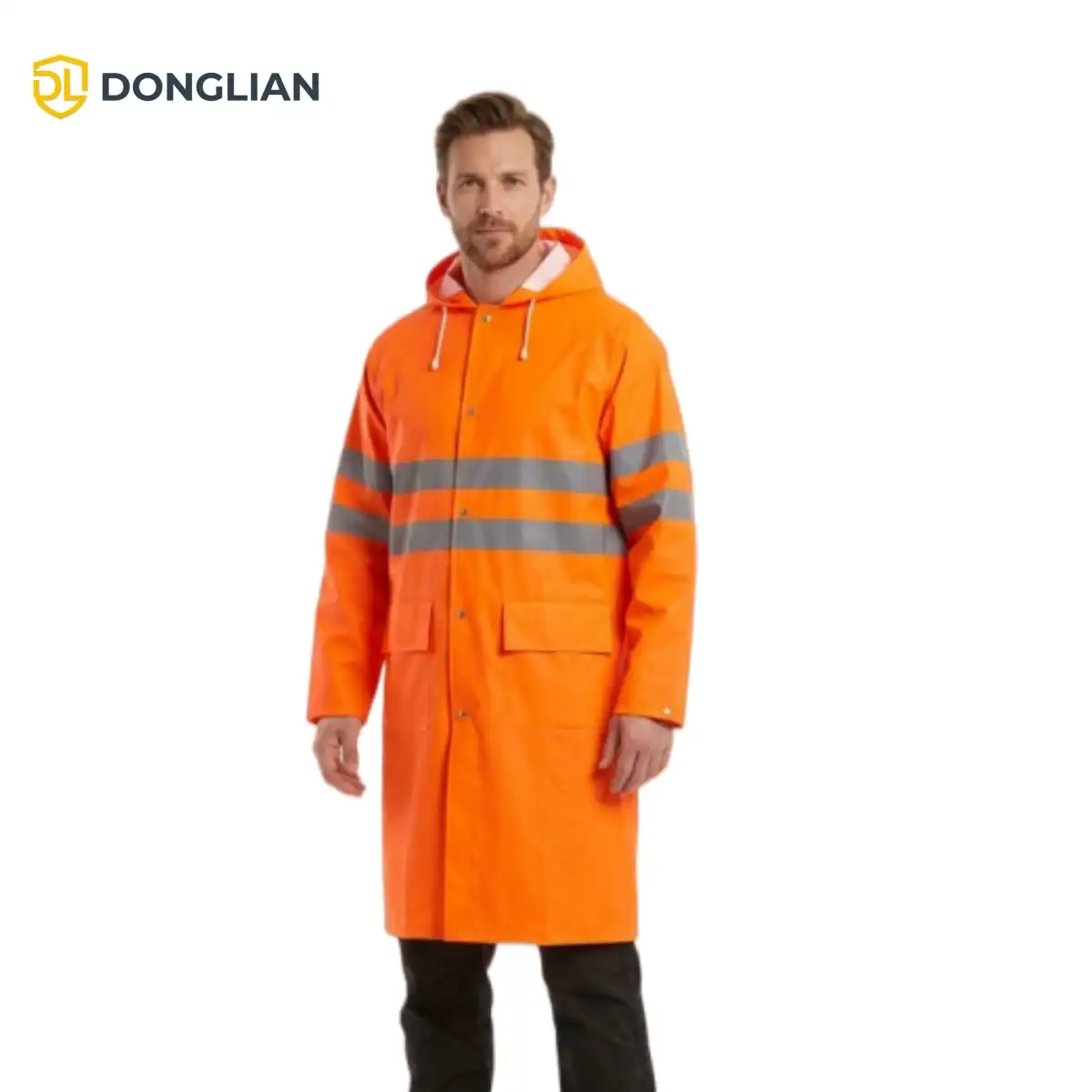DL1007 Hi-Vis Orange Long PU Raincoat wholesale supplier