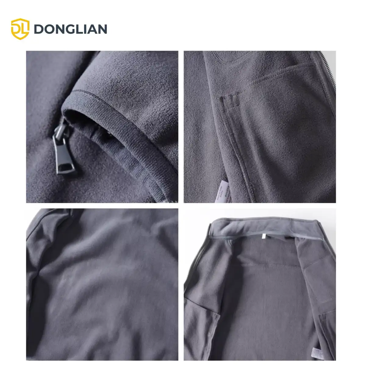 Close-up of DL1473 320gsm bonded softshell vest TPU membrane and microfleece lining