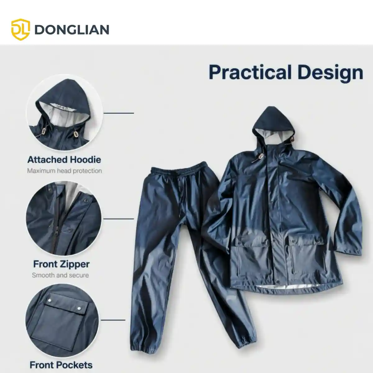DL3046 0.45mm blue PU rain suit with hooded jacket and two-piece design