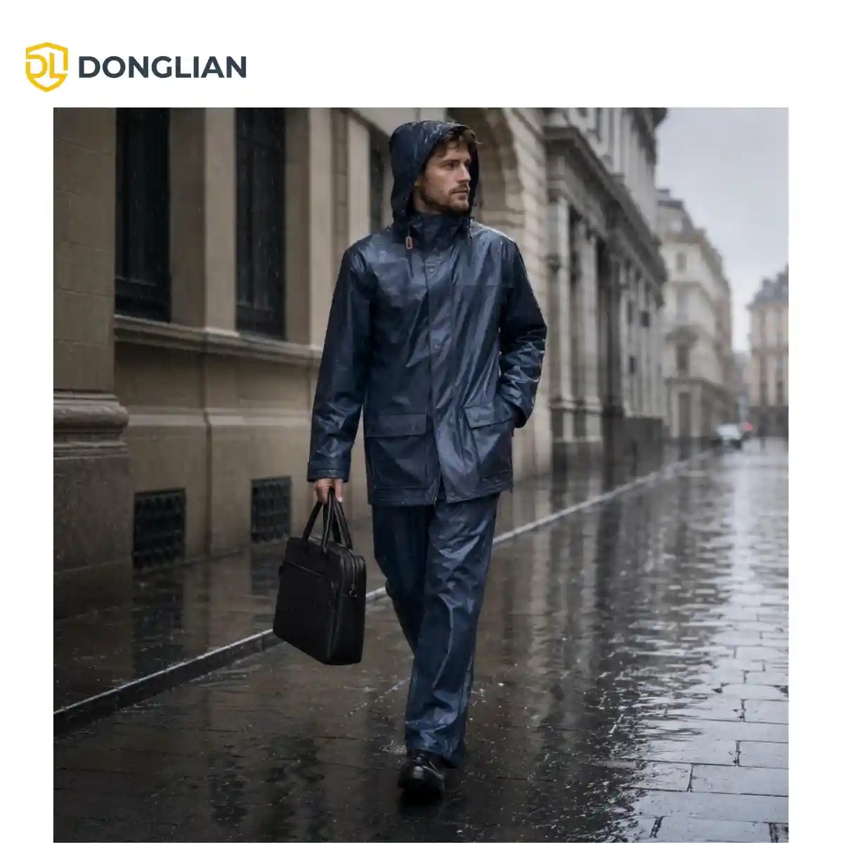Worker wearing DL3046 blue PU rain suit in wet weather