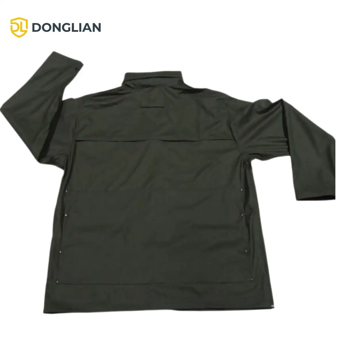 DL3050 olive green PU rain jacket back view with rear ventilation
