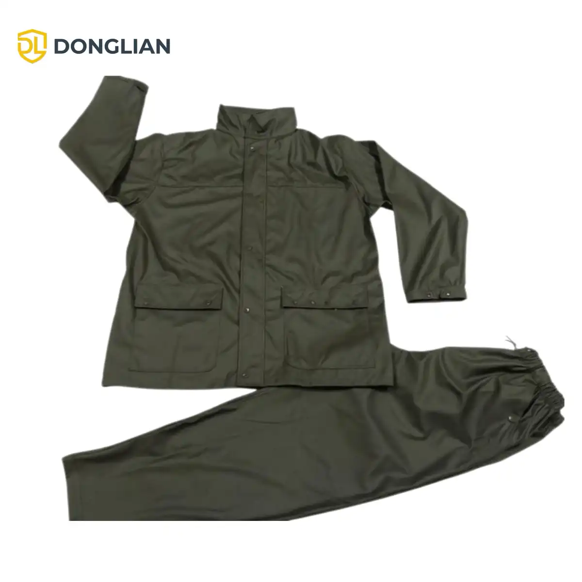DL3050 olive green PU rain suit jacket and trousers flat lay