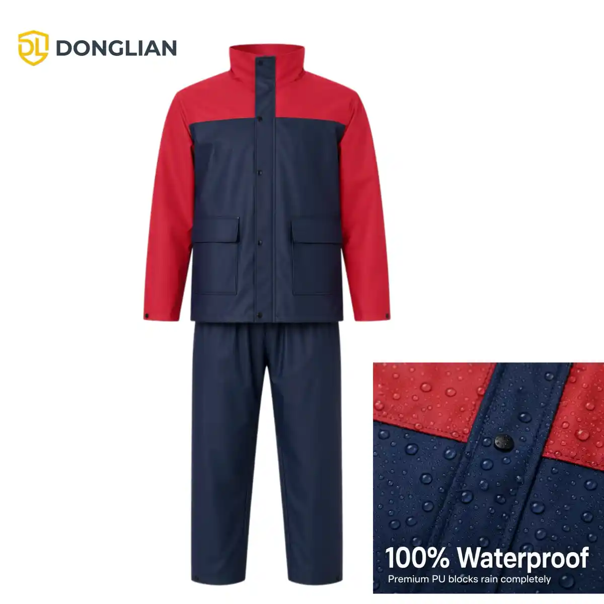 DL3052 Red & Navy Two-Tone PU Rain Suit front view