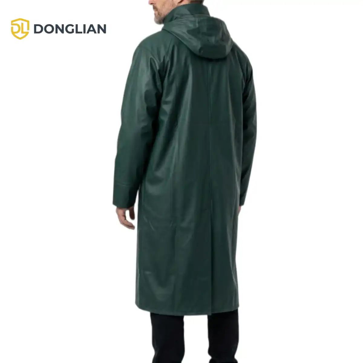 Green long PU raincoat back view