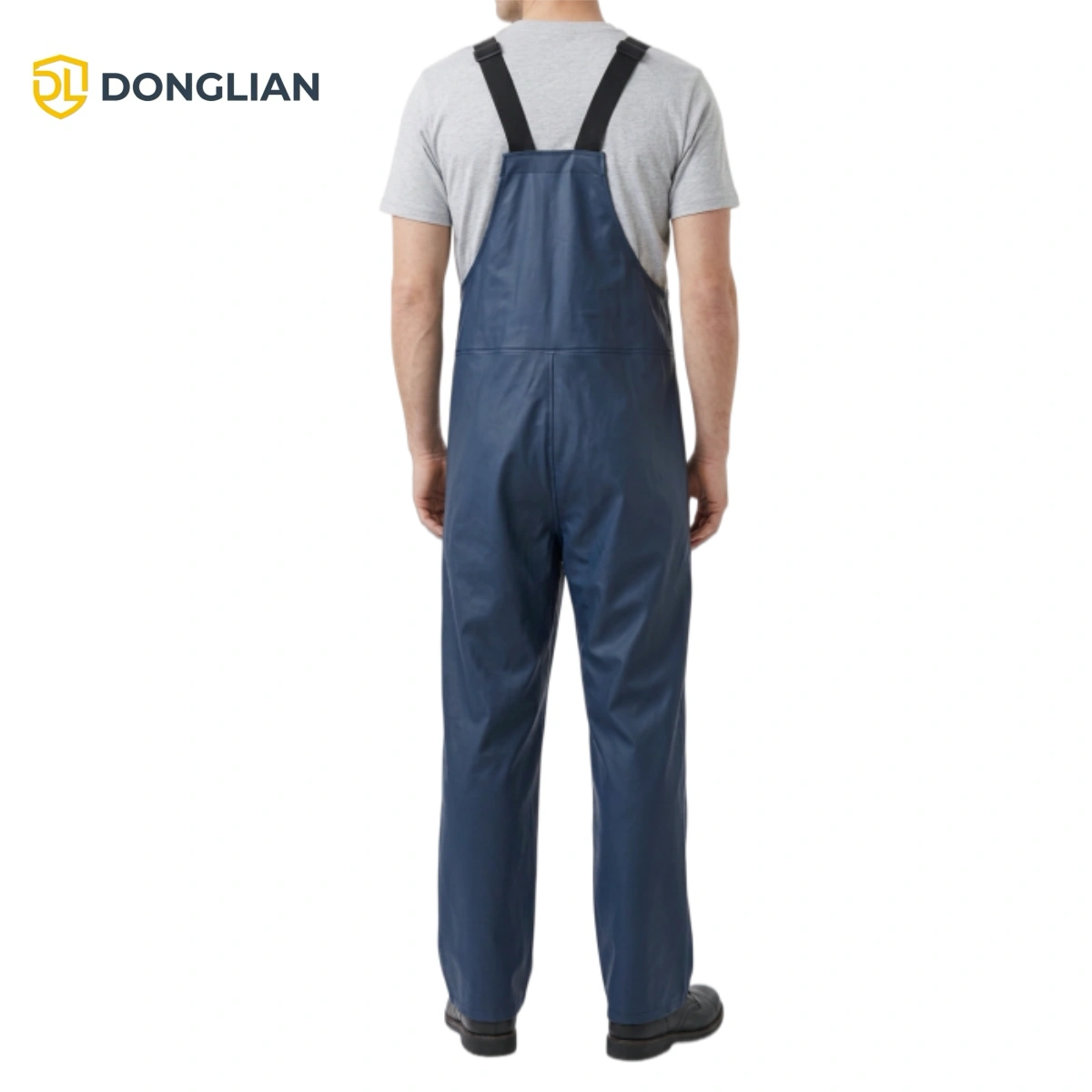 DL1003 navy blue PU rain bib overalls with adjustable shoulder straps, back view